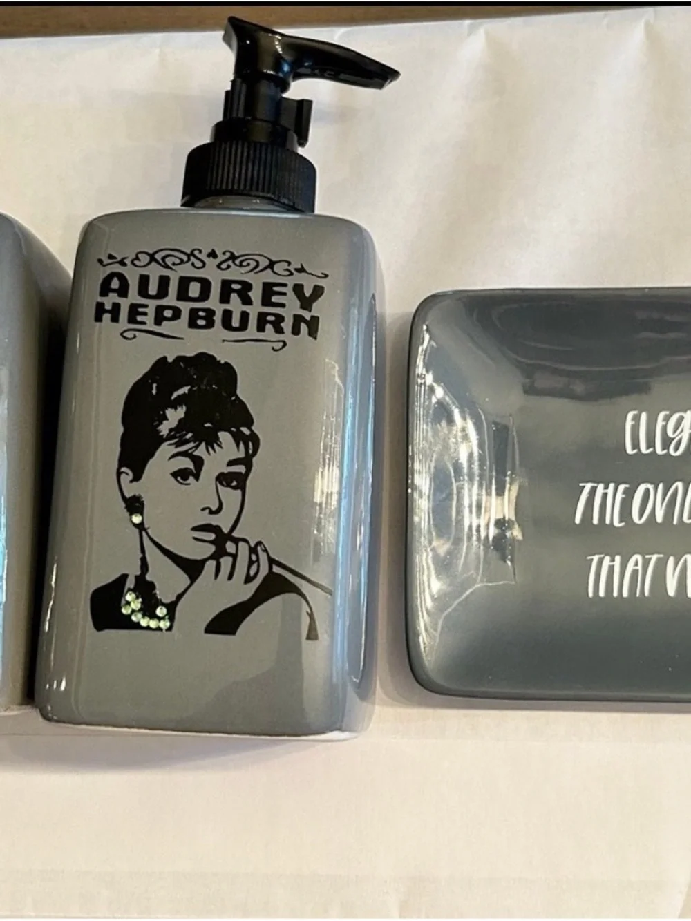 Audrey Hepburn Gray Ceramic Soap Dispenser - Elegant Bathroom Accessory
